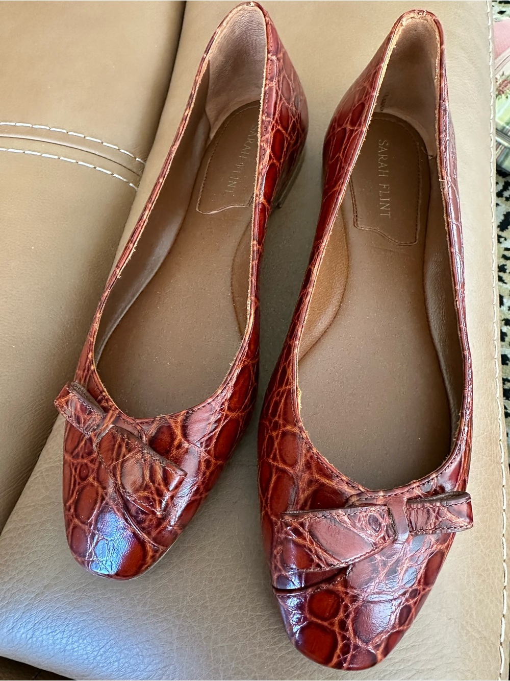 Sarah Flint Croc-Embossed Leather Ballet Flats in Deep Red